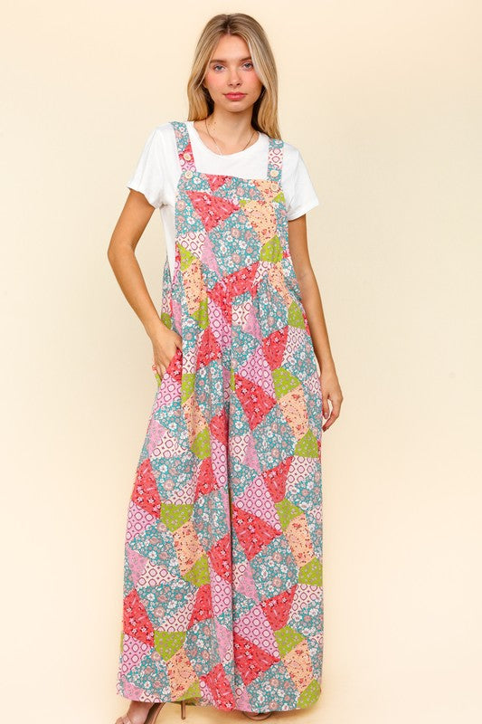 Full Size Printed Wide Leg Overalls with Side Pockets