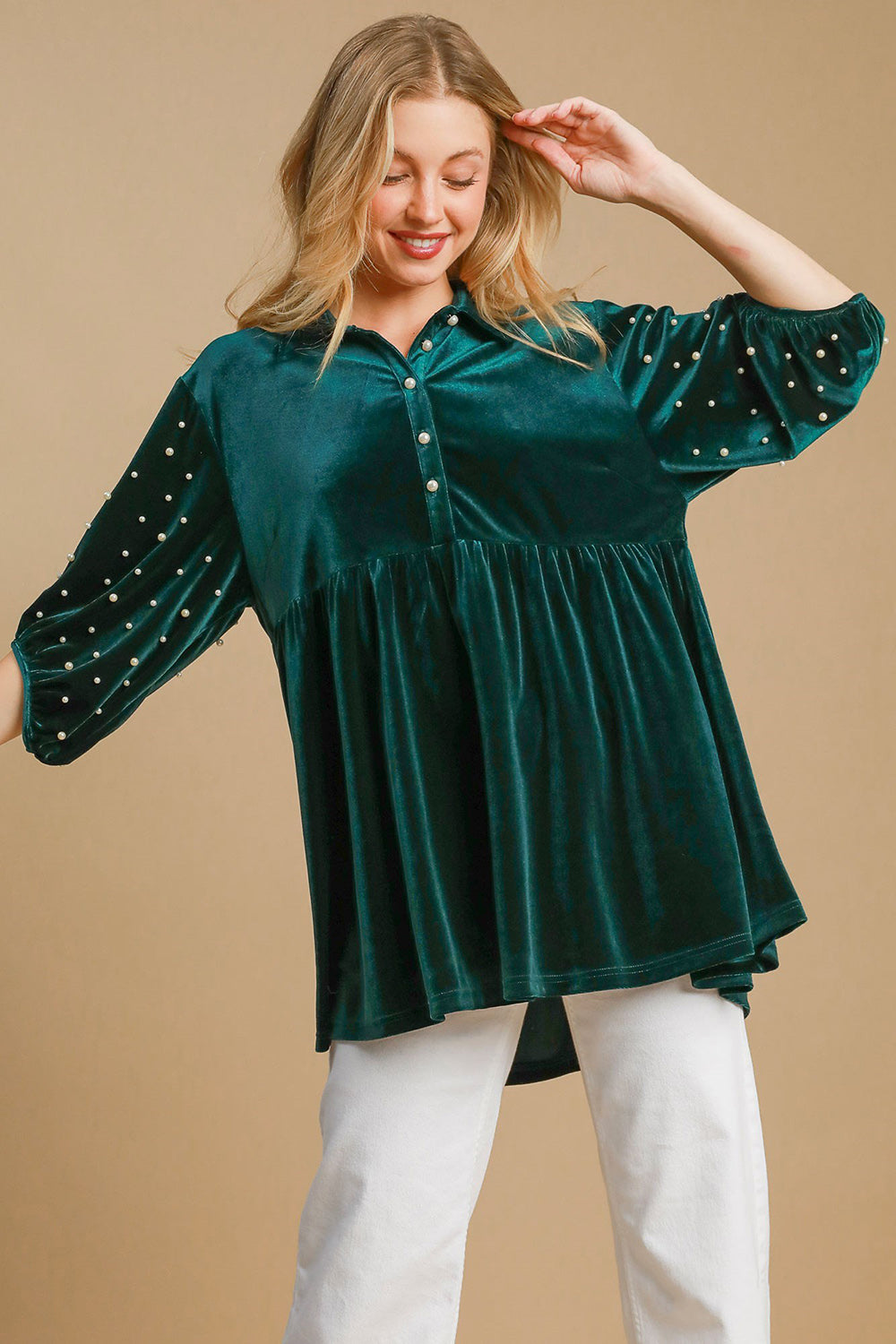 Pearl Detail Half Sleeve Velvet Babydoll Blouse ONLINE ONLY