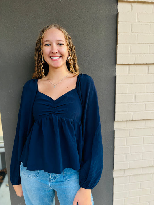 Crinkled Babydoll Blouse Top - Navy