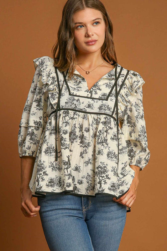 Ruffled Tie Neck Puff Sleeve Babydoll Blouse ONLINE ONLY