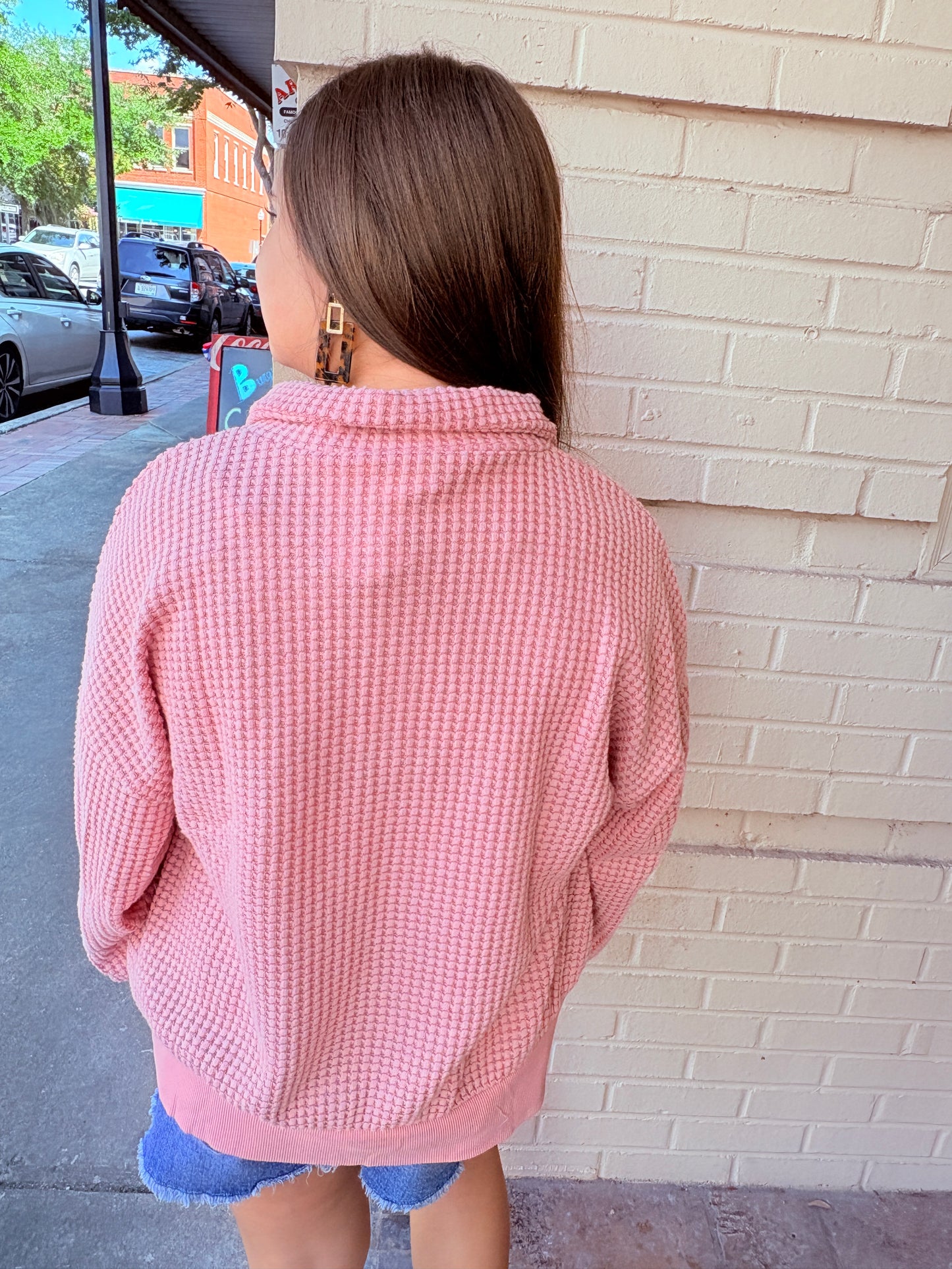 Oversized Half Button Down Waffle Knit Pullover - Pink