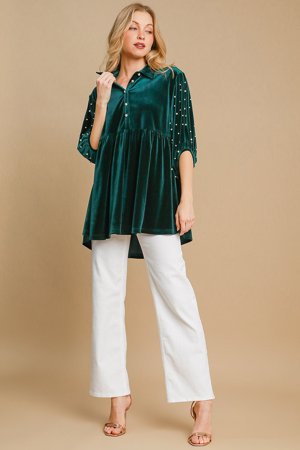 Pearl Detail Half Sleeve Velvet Babydoll Blouse ONLINE ONLY