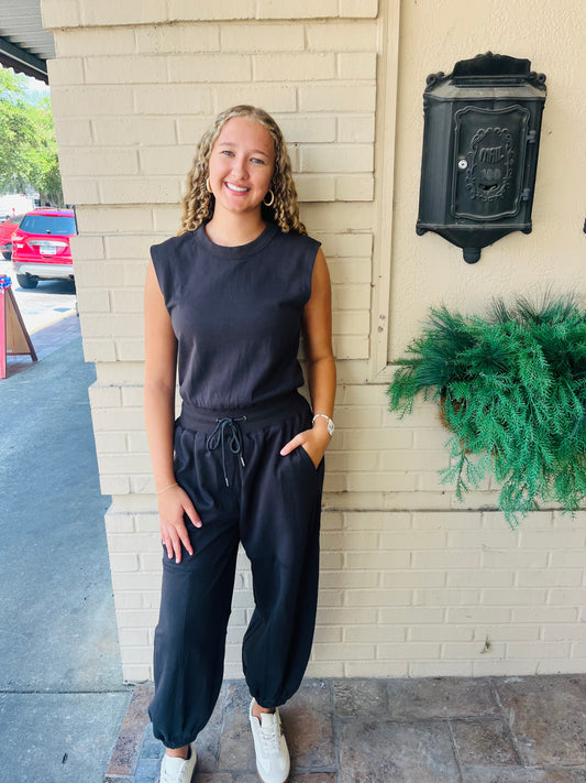 Drawstring Waist Sleeveless Knit Jumpsuit