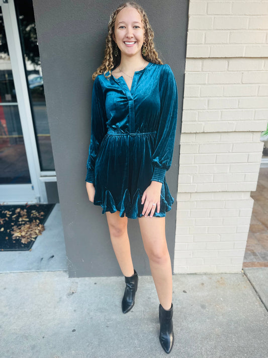 Velvet Split Color Godet Mini Dress - Dark Teal