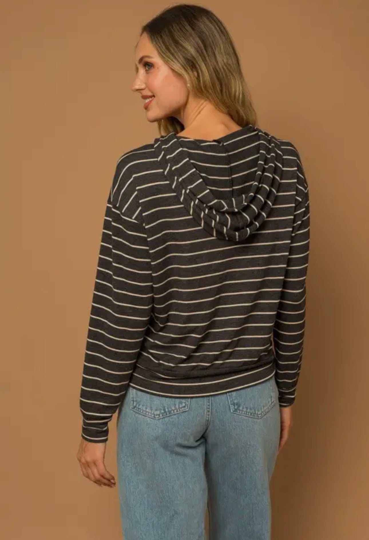 Long Sleeve Solid Hoodie Stripe Top - Charcoal