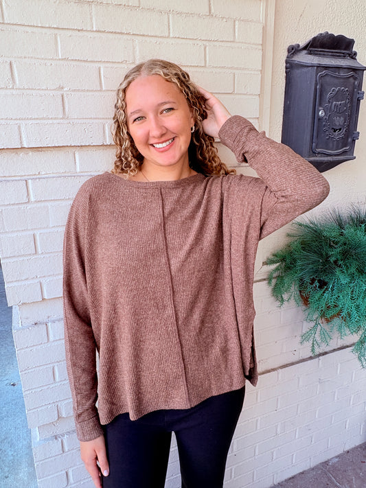 Ribbed Dolman Sweater Top - Brown