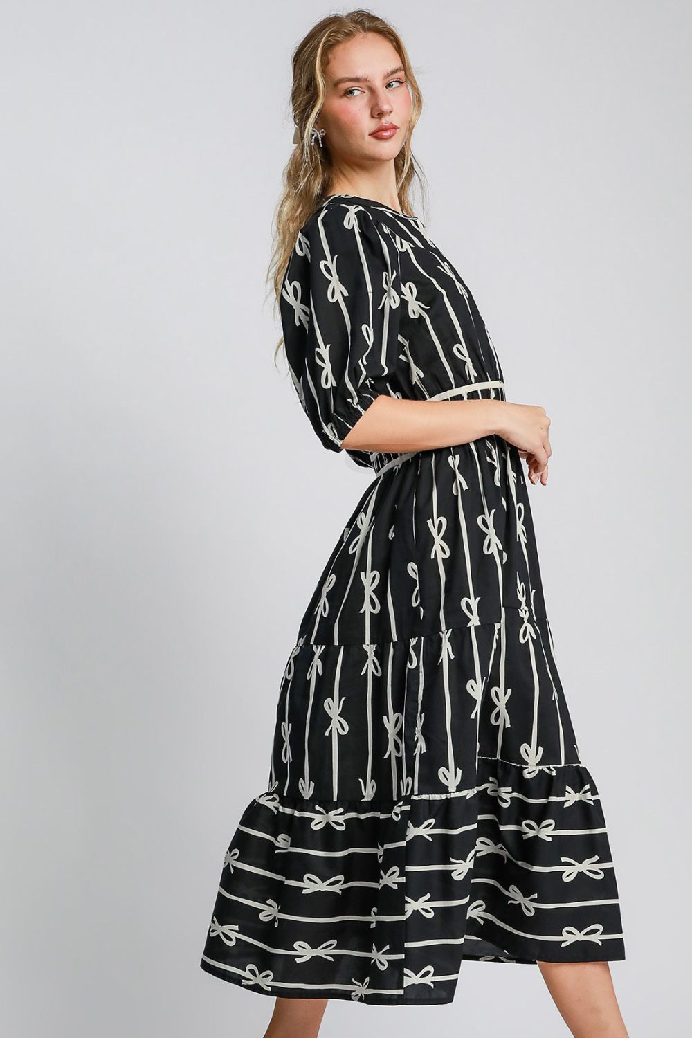 Bow Tie Print Notched Contrast Velvet Trim Midi Dress ONLINE ONLY