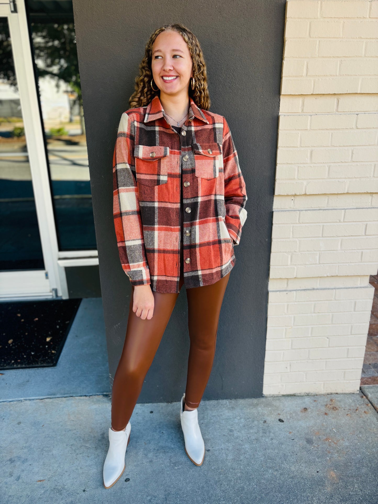 Flannel Plaid Shacket With Pockets - Taupe Plaid