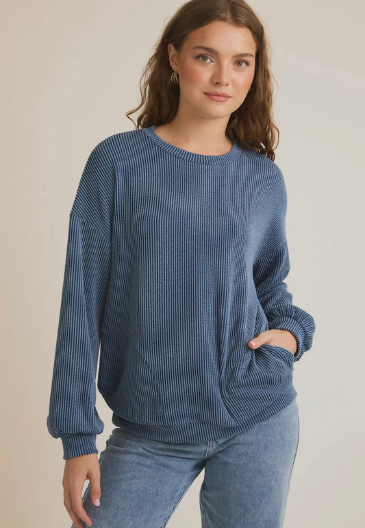 Round Neck Side Pocket Long Sleeve Top - Blue