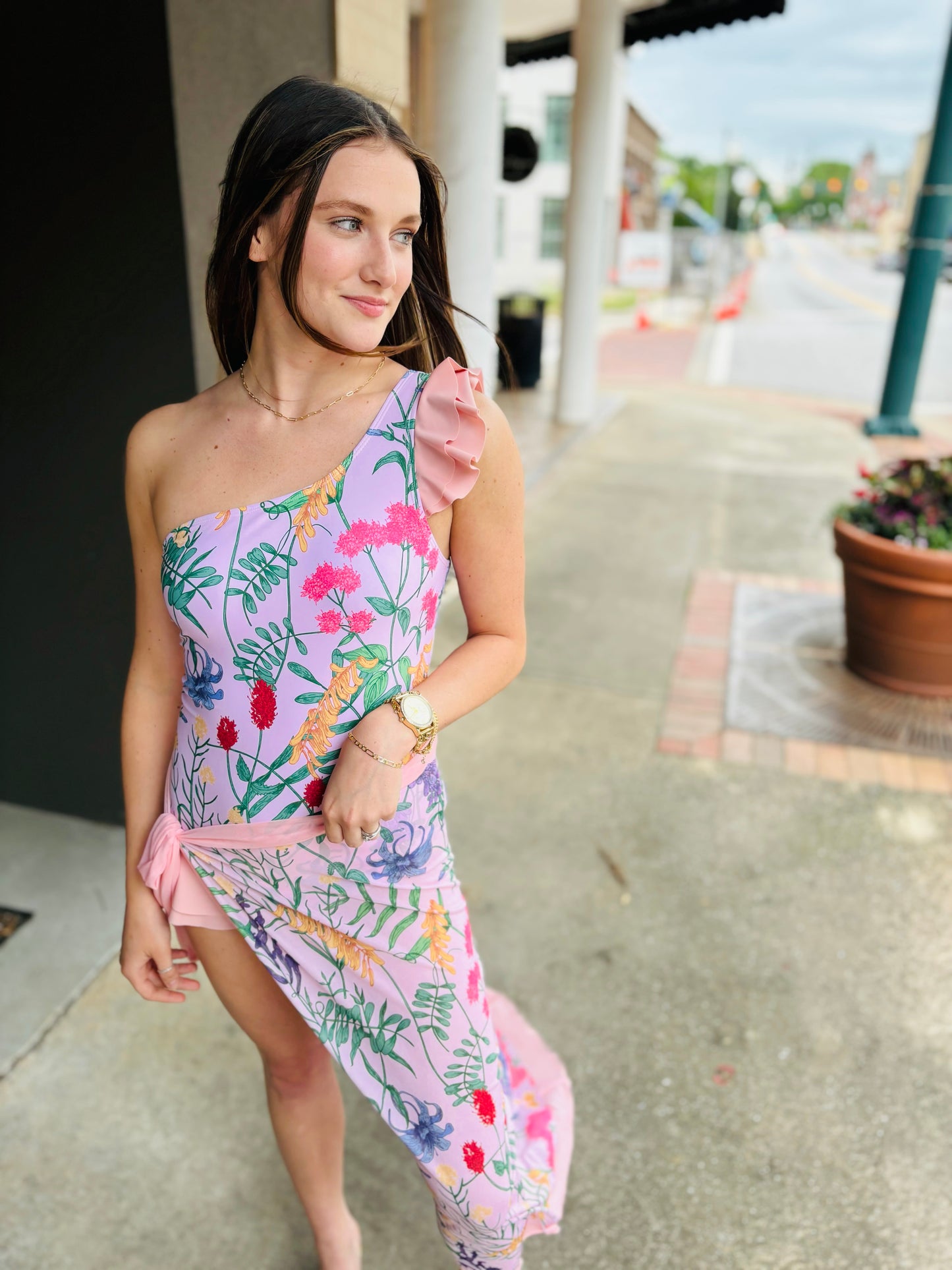 Floral One Piece Swimsuit and Cover-Up With Wrap Skirt - Pink