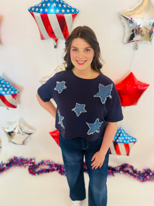 Denim Star Patch Top - Navy