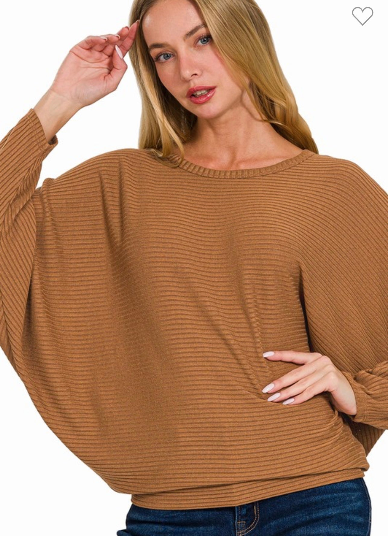 Ribbed Batwing Boat Neck Sweater