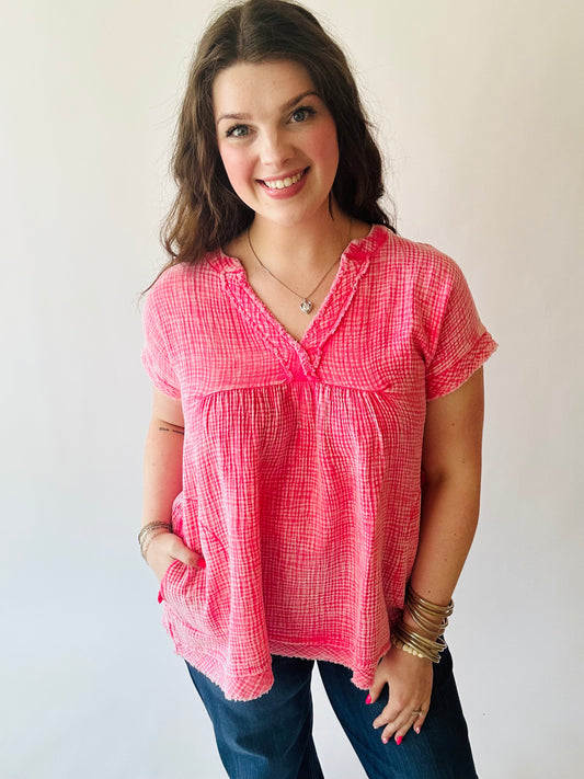 Washed Gauze Top - Fuchsia