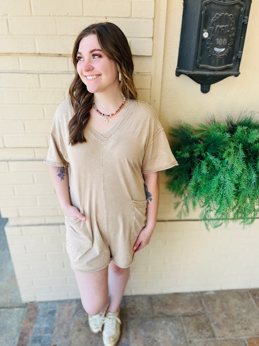 Mineral Wash Romper - Taupe