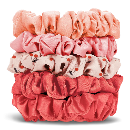 Kitsch Ruched Satin Scrunchies 5 Piece Set - Cherry Blossom