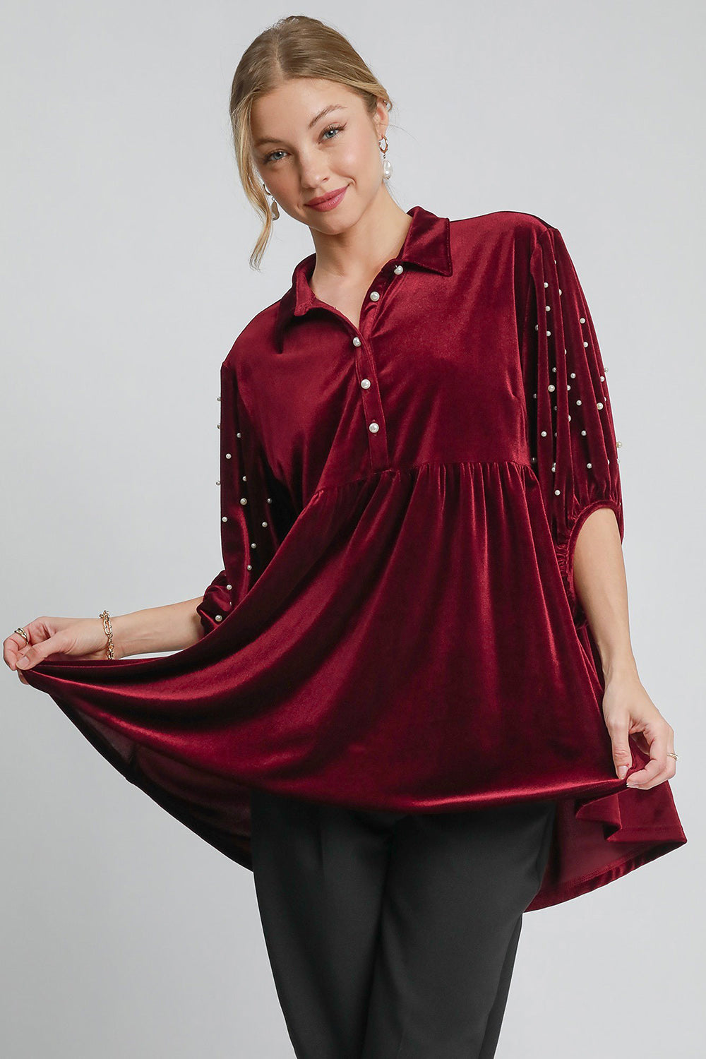 Pearl Detail Collared Neck Velvet Babydoll Blouse ONLINE ONLY