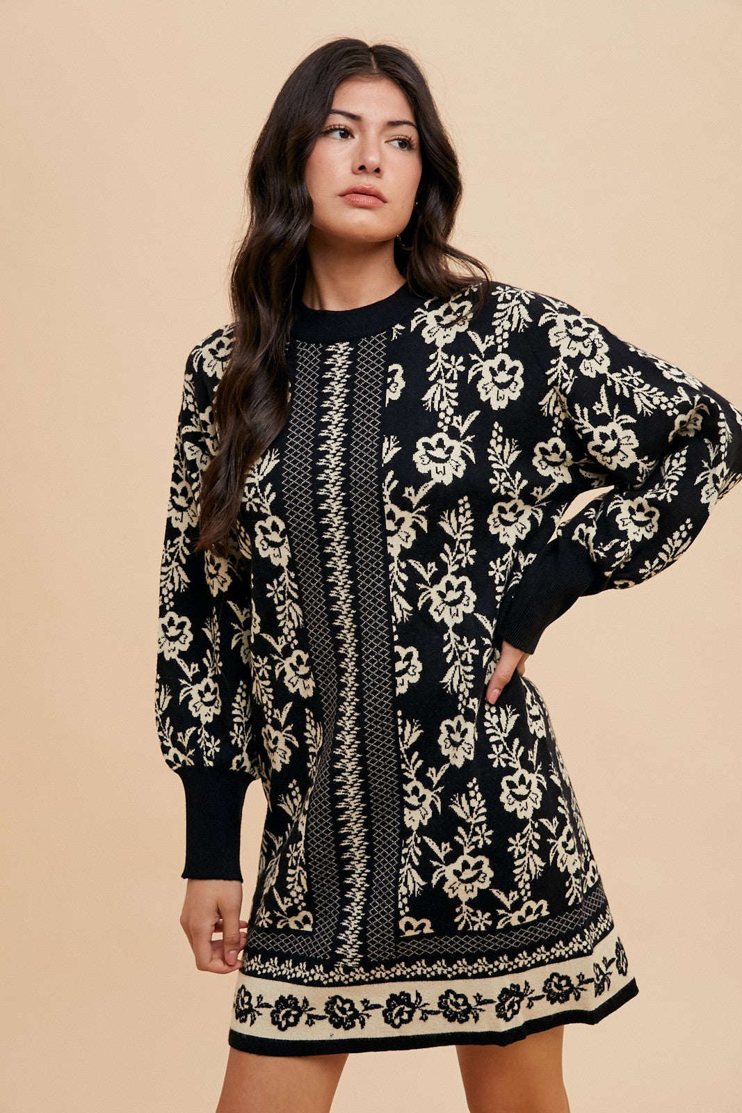 Floral Jacquard Round Neck Sweater Dress ONLINE ONLY