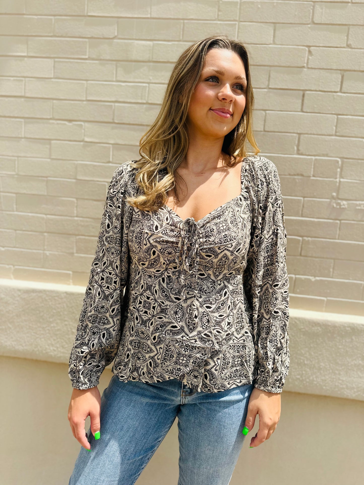 Paisley Ruffled Drawstring Top - Neutral