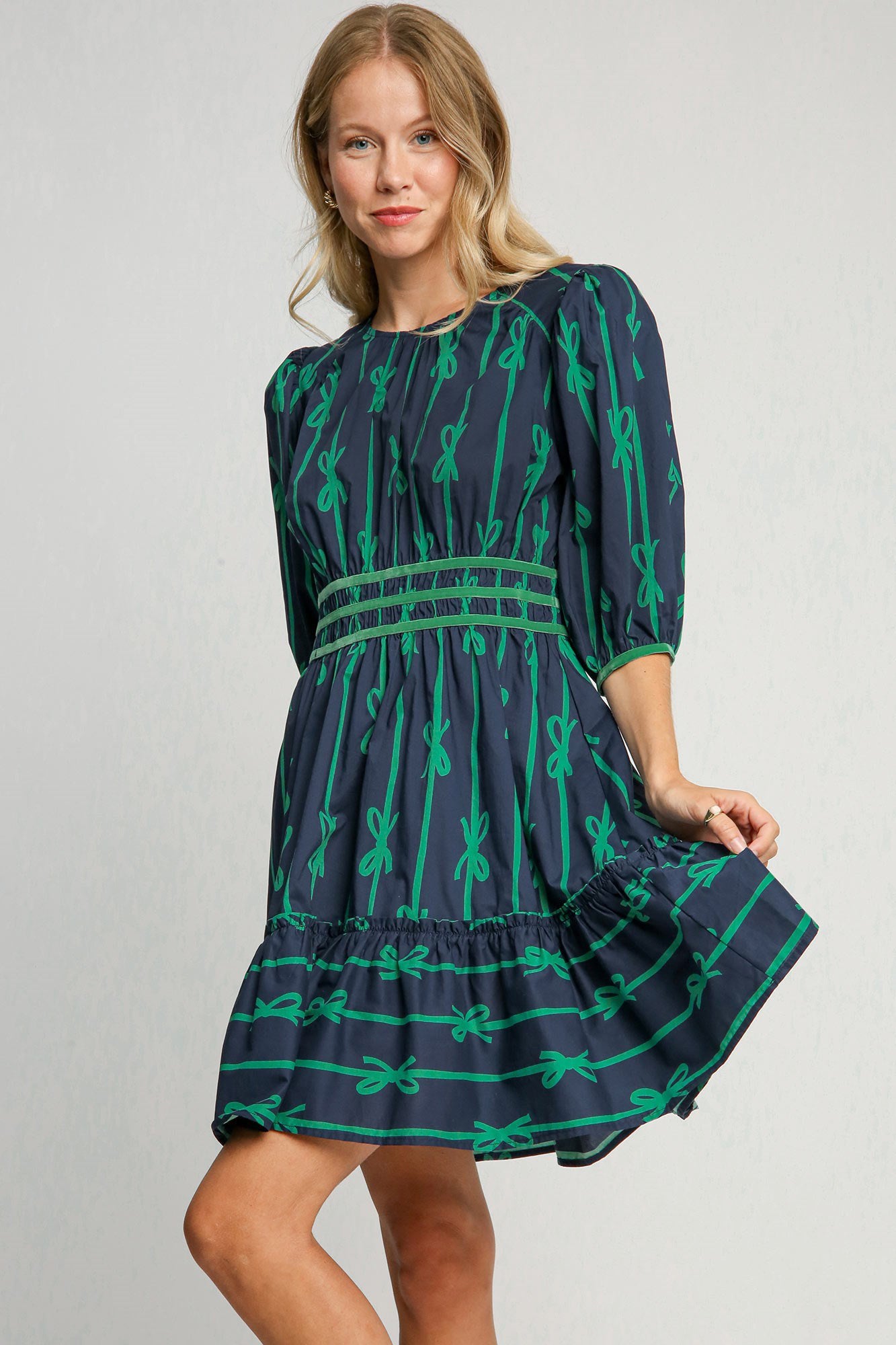 Ribbon Print Frill Contrast Velvet Trim Half Sleeve Dress ONLINE ONLY