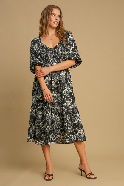 Ruffle Hem Flower Printed V-Neck Dress ONLINE ONLY