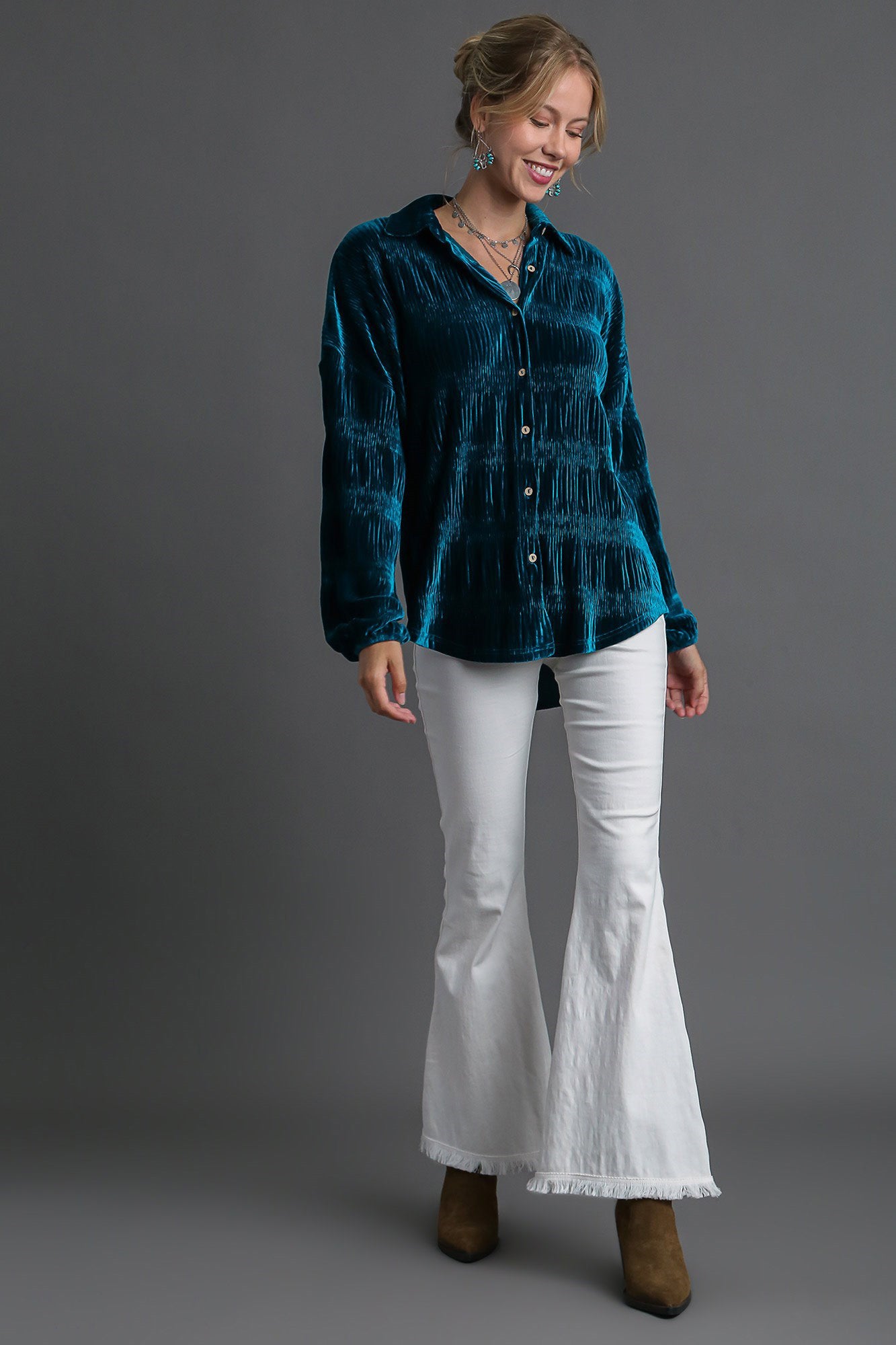 Ruched Tiered Button Up Shirt ONLINE ONLY