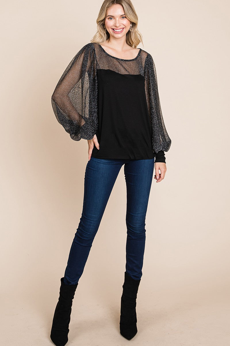 Full Size Metallic Mesh Lantern Sleeve Blouse ONLINE ONLY