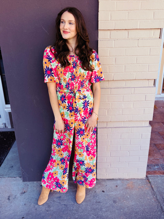 Vivid Floral Smocked Jumpsuit - Off White