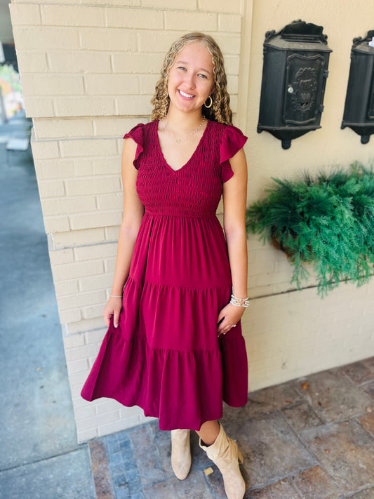 Flutter Sleeve Maxi Dress - Burgundy