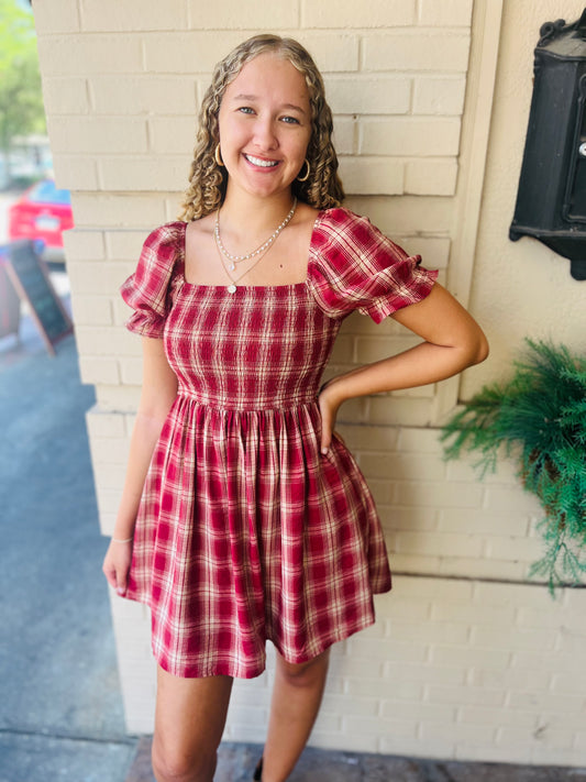 Plaid Smocked Puff Sleeve Dress