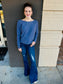 Mixed Texture Sleeve Sweater - Blue Iris