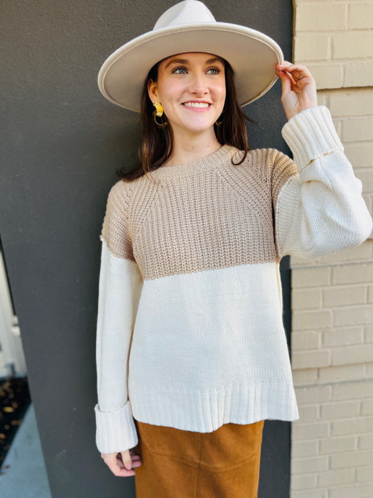 Mixed Media Long-Sleeved Sweater Top - Taupe/Cream