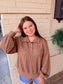 Oversized Half Button Down Waffle Knit Pullover - Chocolate
