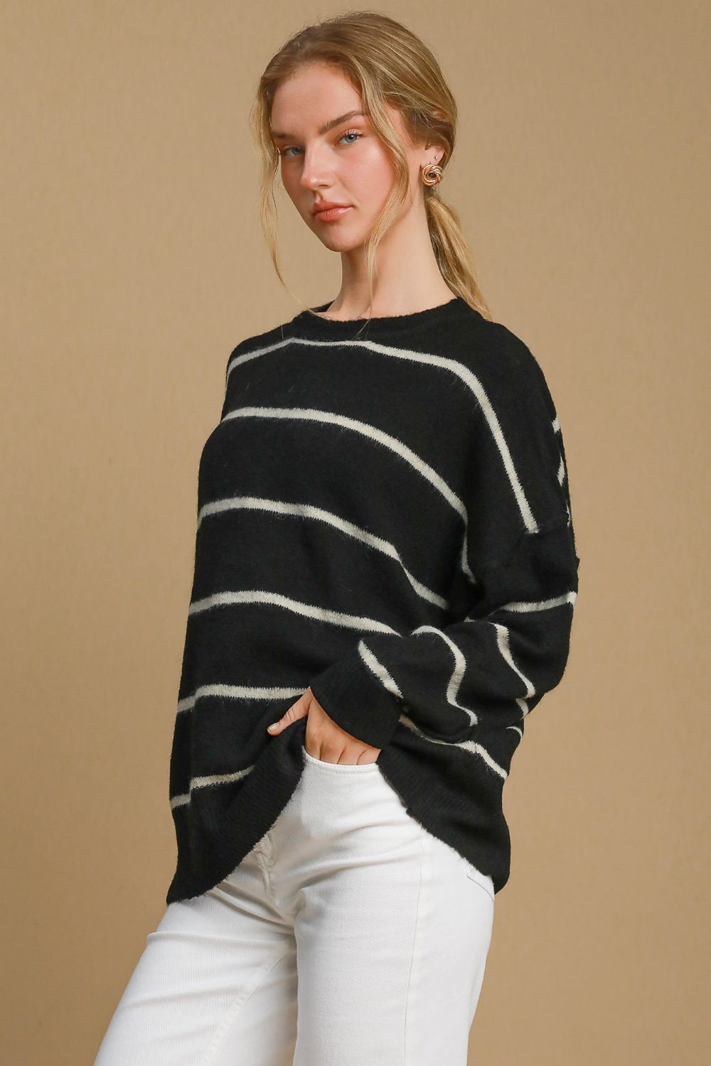 Wool Blend Striped Round Neck Sweater ONLINE ONLY