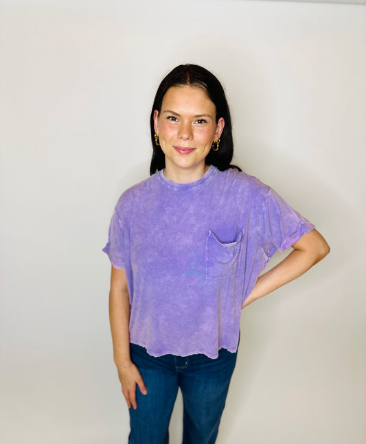 Washed Ribbed Round Neck Top - Lavender