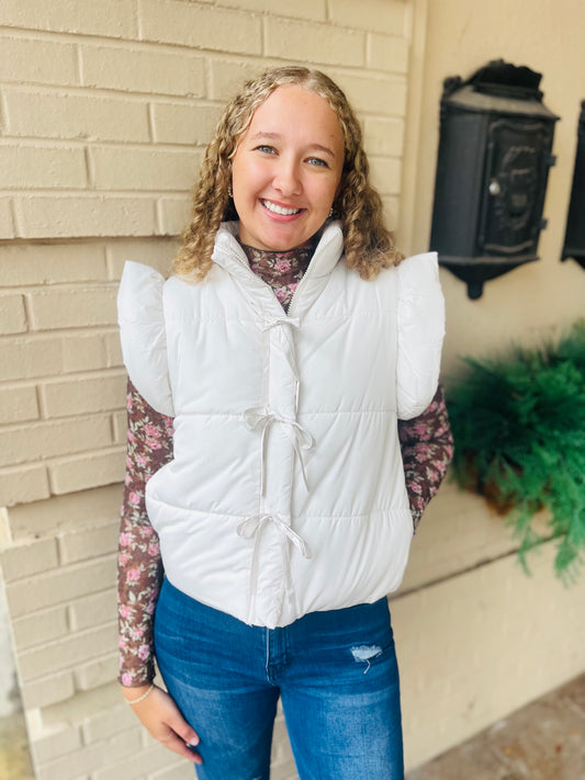 Flutter Sleeve Bow Detail Puffer Vest - Cream