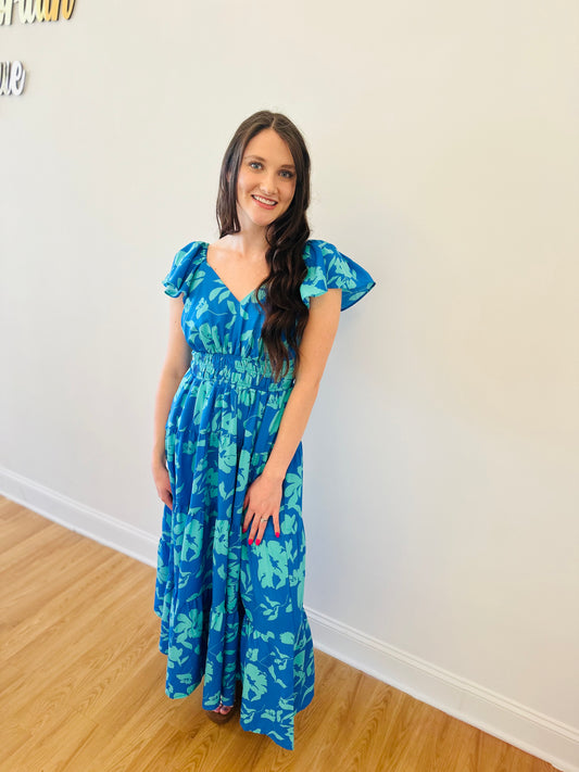 Ruffle Sleeve Pattern Maxi Dress - Azure