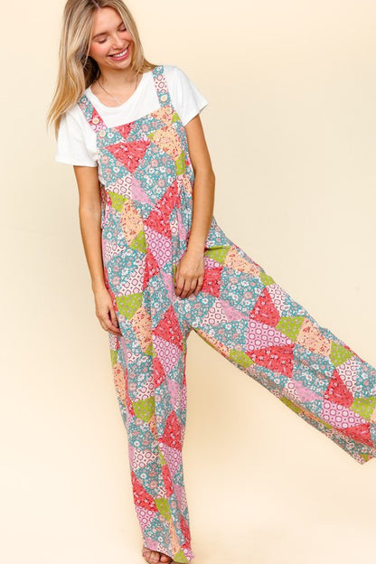 Full Size Printed Wide Leg Overalls with Side Pockets