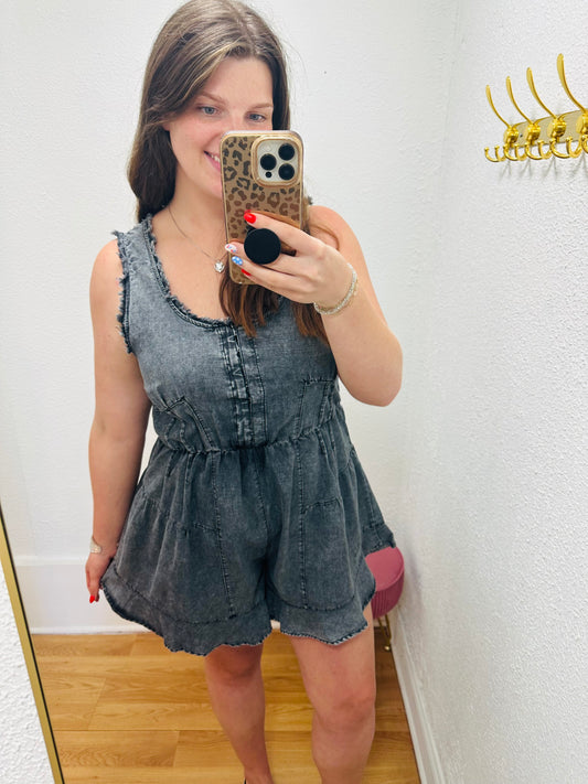 Washed Chambray Denim Romper Black
