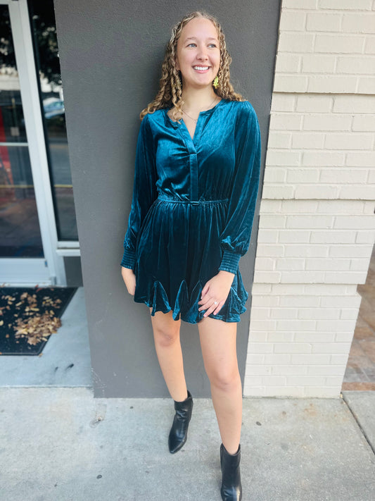 Velvet Split Color Godet Mini Dress - Dark Teal