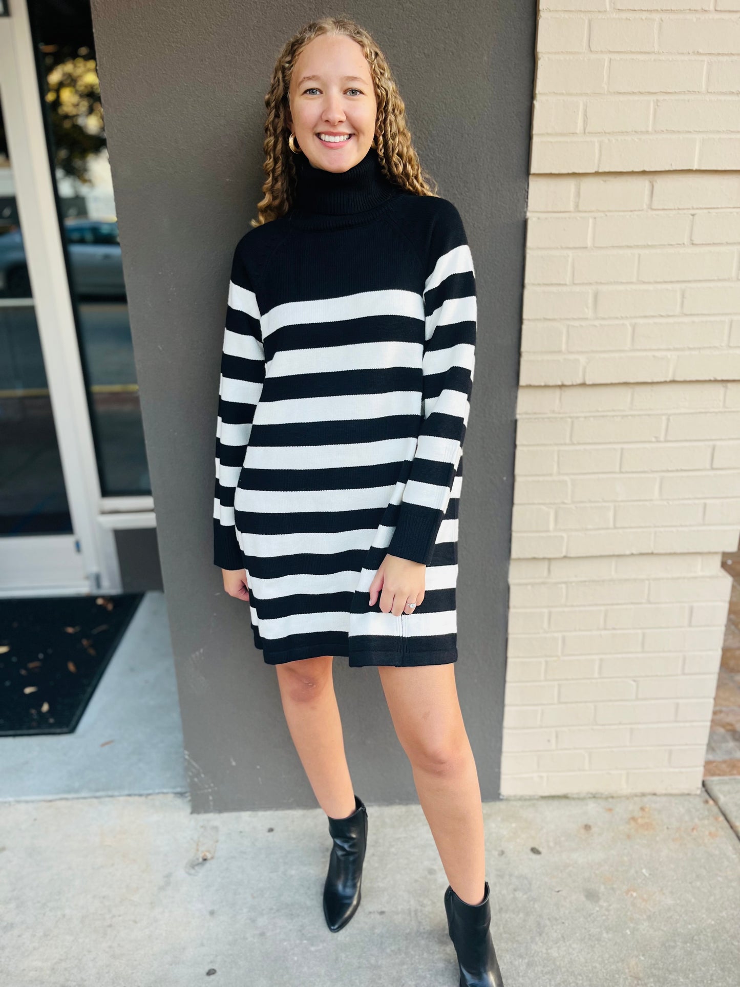 Striped Turtle Neck Knit Sweater Dress - Black Stripes