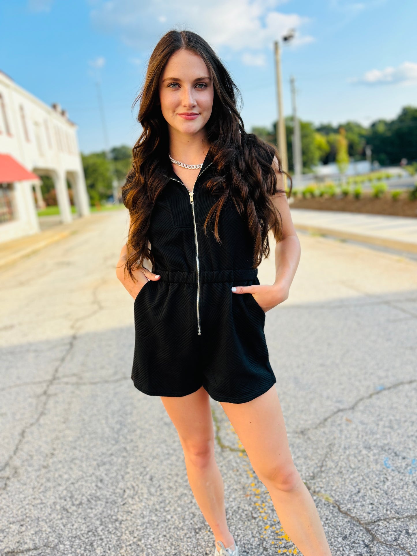 Drop Shoulder Textured Front Zip Romper - Black