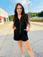 Drop Shoulder Textured Front Zip Romper - Black