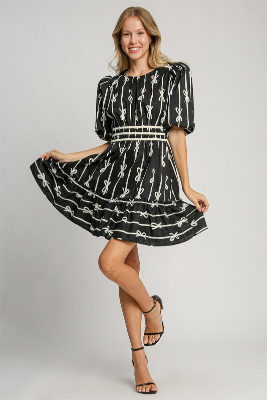 Ribbon Print Frill Contrast Velvet Trim Half Sleeve Dress ONLINE ONLY