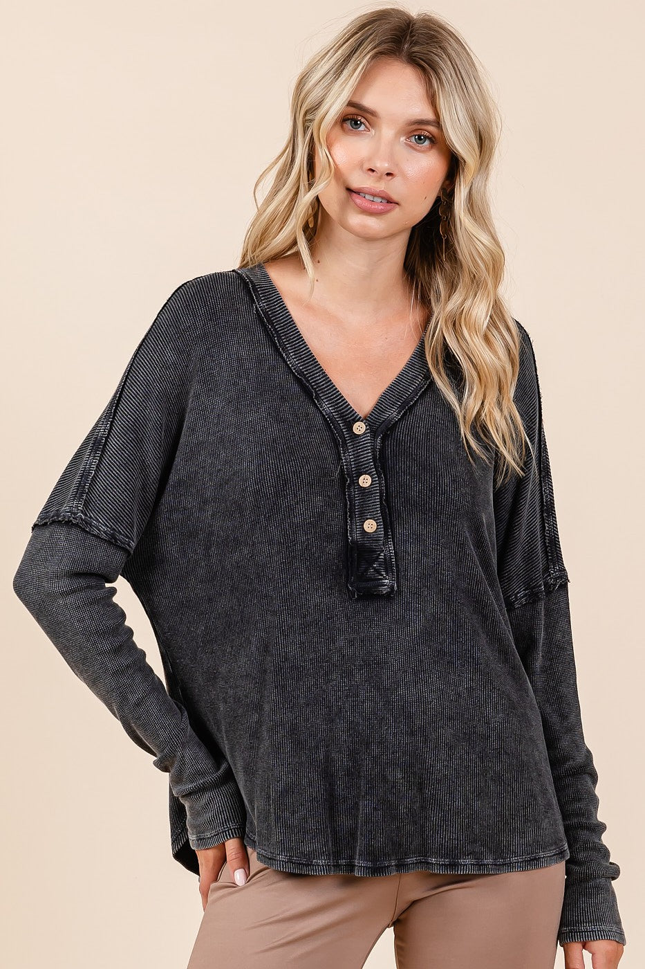 Washed V-Neck Long Sleeve Blouse ONLINE ONLY