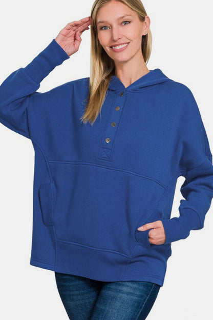 Half Snap Long Sleeve Hoodie with Kangaroo Pocket ONLINE ONLY