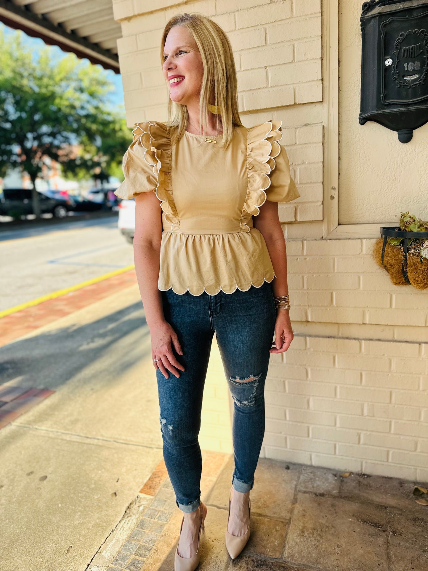 Scalloped Detail Round Neck Top - Khaki