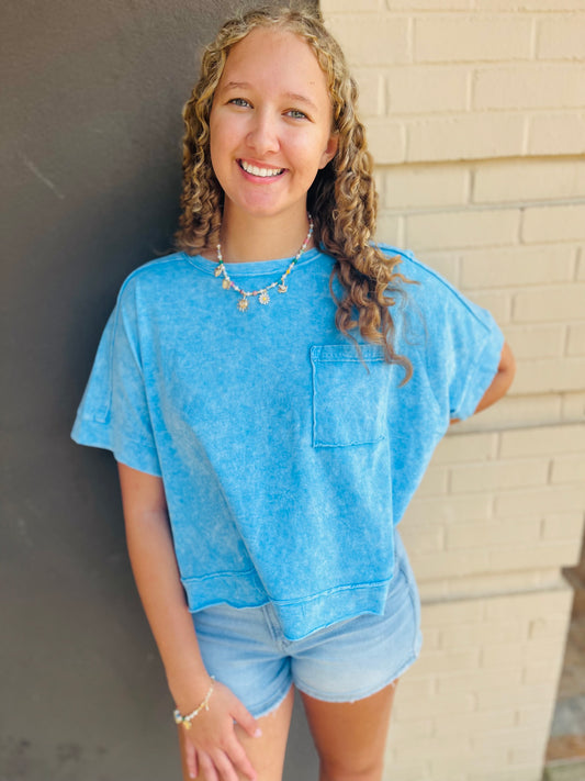 Washed Oversized Crop Tee - Sky Blue