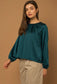 Long Sleeve Pleated Satin Top - Teal