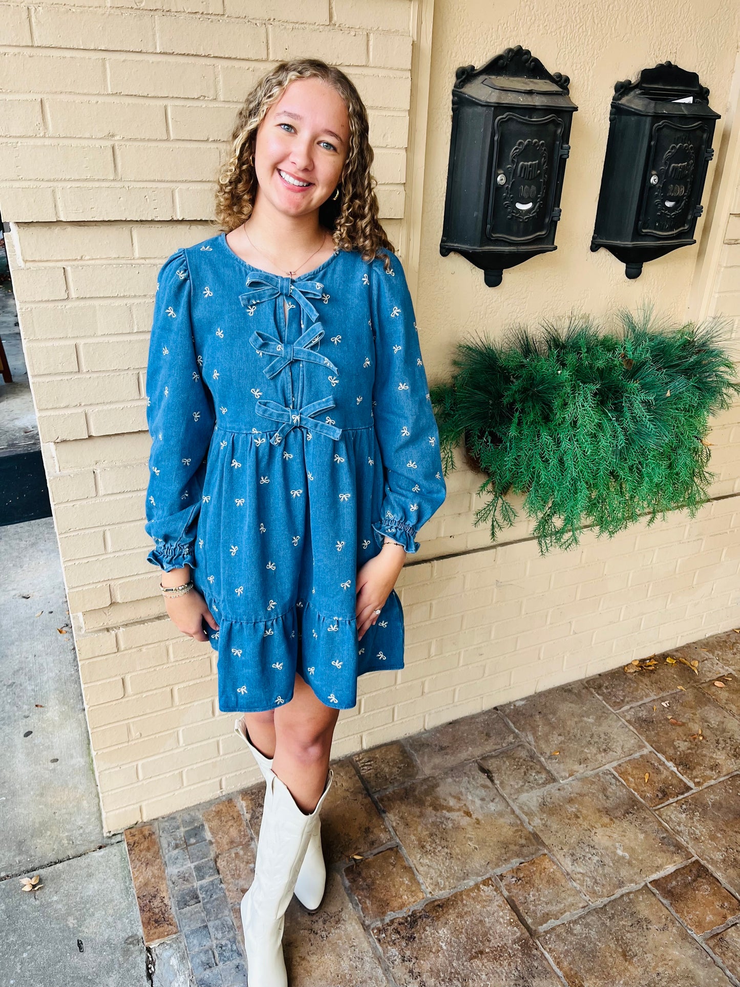 Washed Denim Bow Printed Dress - Indigo