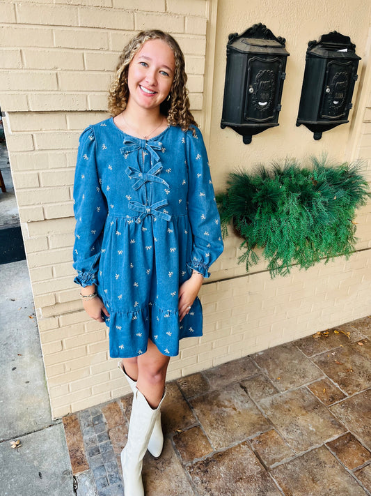 Washed Denim Bow Printed Dress - Indigo